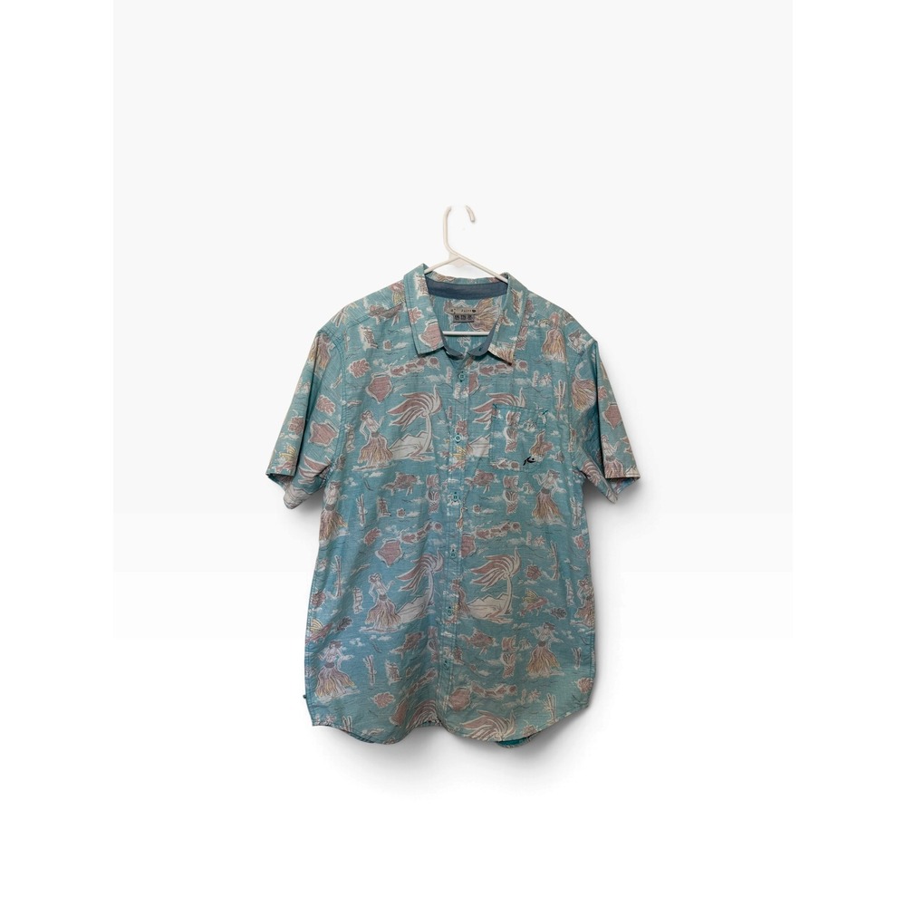 Rusty Mens XXL Blue Hawaiian Hula Tiki Print Short Sleeve Button Down Shirt